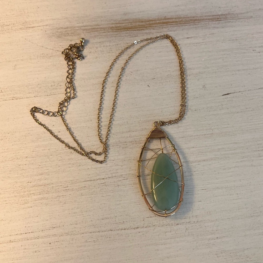 Gold-tone and Green Pendant Necklace